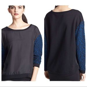 Trouve Silk Leopard Sleeve Sweater black and blue